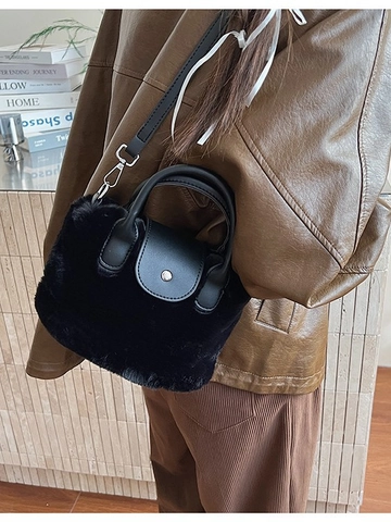 Cute Faux Fur Plush Bucket Bag For Women Urban Minimalist Solid Color Crossbody Handbag With Magnetic Buckle Fall Winter Shoulder Bag