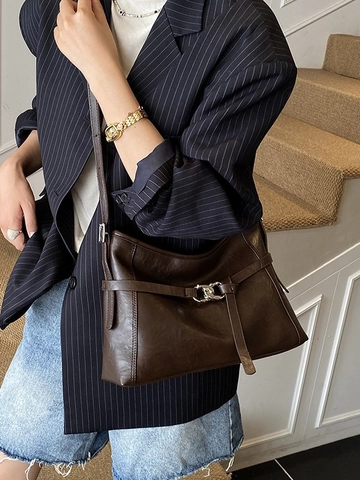 Borsa Tote in Pelle PU Vintage di Grande Capacità per Donna Borsa a Tracolla Minimalista Coreana Retrò con Fibbia in Metallo