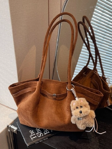 Women Large Capacity PU Leather Tote Bag Retro Minimalist Frosted Suede Texture Shoulder Bag Soft Bucket Handbag With Plush Pendant