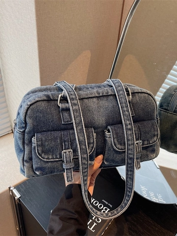 Women Vintage Denim Shoulder Bag Large Capacity Washed Jean Underarm Bag With Multi Pockets And Buckle Casual Tote Bag