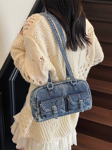 Women Vintage Denim Shoulder Bag Large Capacity Washed Jean Underarm Bag With Multi Pockets And Buckle Casual Tote Bag