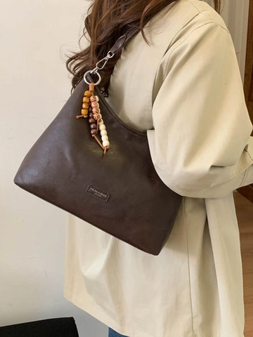 Borsa a Tracolla Hobo da Donna in Pelle PU Vintage Borsa Tote di Grande Capacità Con Pendaglio di Perle di Legno Borsa a Spalla Retrò Quotidiana