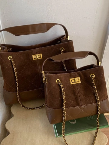 Retro Quilted Tote Bag For Women PU Leather Splicing Chain Shoulder Bag Contrast Color Vintage Large Crossbody Bag