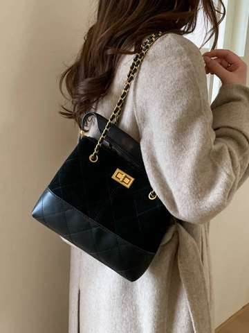 Retro Quilted Tote Bag For Women PU Leather Splicing Chain Shoulder Bag Contrast Color Vintage Large Crossbody Bag