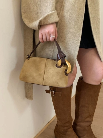 Borsa Boston Retro Minimalista da Donna in Pelle PU Texture Smerigliata Borsa a Tracolla Hardware Anello Oro