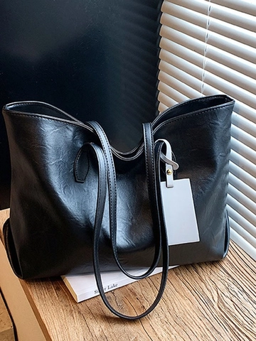 Women Vintage PU Leather Tote Bag Large Capacity Minimalist Shoulder Bag Versatile Commuter Handbag with Decorative Tag