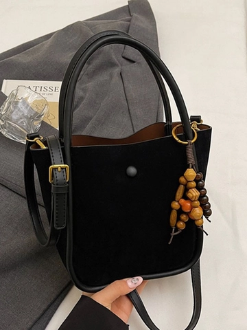 Sac Seau en Suédine pour Femmes Imprimé Léopard Vintage Bandoulière Avec Charme en Perles de Bois Fourre-tout de Grande Capacité