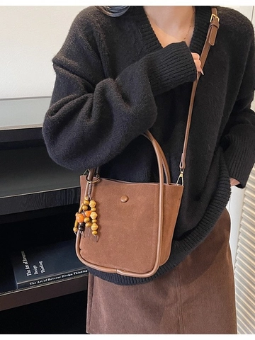 Sac Seau en Suédine pour Femmes Imprimé Léopard Vintage Bandoulière Avec Charme en Perles de Bois Fourre-tout de Grande Capacité