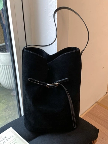 Vintage PU Leather Bucket Bag For Women Large Capacity Minimalist Suede Texture Shoulder Bag Commuting Hobo Handbag Retro Daily Satchel