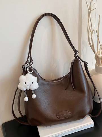 Retro Large Capacity PU Leather Backpack For Women Fashion Solid Color Hobo Shoulder Bag With Cloud Plush Charm Multi-Functional Tote Bag