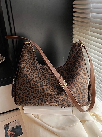 Borsa Tote da Donna alla Moda con Stampa Leopardata Grande Capacità in Tela Pelle Sintetica Borsa a Tracolla Hobo Retrò