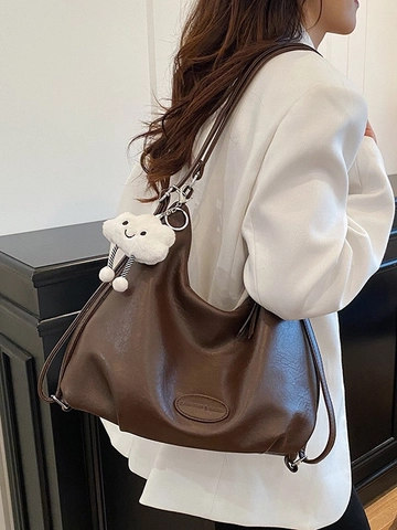 Retro Large Capacity PU Leather Backpack For Women Fashion Solid Color Hobo Shoulder Bag With Cloud Plush Charm Multi-Functional Tote Bag