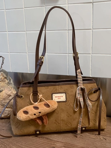 Borsa Tote in PU Marrone Vintage per Donna Borsa a Spalla Grande Capacità Con Motivi a Gatto Goffrati e Ciondolo Pane Peluche