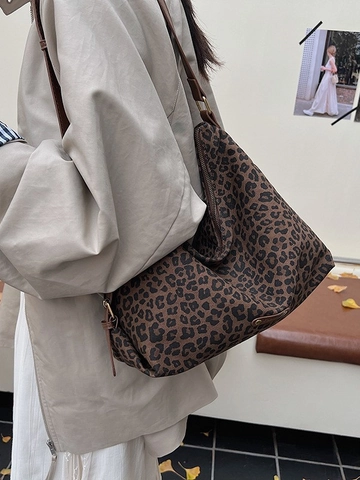 Borsa Tote da Donna alla Moda con Stampa Leopardata Grande Capacità in Tela Pelle Sintetica Borsa a Tracolla Hobo Retrò