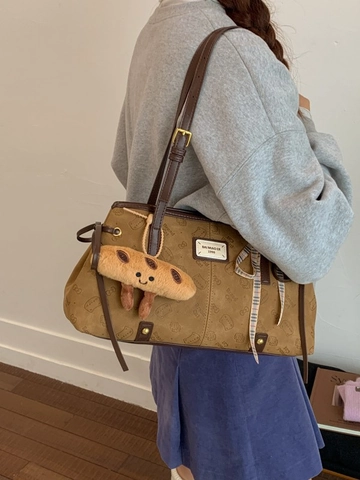 Borsa Tote in PU Marrone Vintage per Donna Borsa a Spalla Grande Capacità Con Motivi a Gatto Goffrati e Ciondolo Pane Peluche