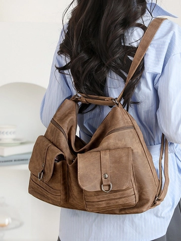Large Capacity Women Retro PU Leather Backpack Multi-pocket Vintage Shoulder Crossbody Bag Functional Commuting Tote For Women