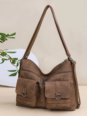 Large Capacity Women Retro PU Leather Backpack Multi-pocket Vintage Shoulder Crossbody Bag Functional Commuting Tote For Women