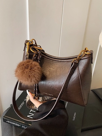 Vintage Women PU Leather Crossbody Bag Fashion Stitching Dumpling Shoulder Bag With Pompom Charm Woven Strap Casual Commuter Handbag