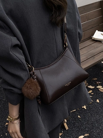 Vintage Women PU Leather Crossbody Bag Fashion Stitching Dumpling Shoulder Bag With Pompom Charm Woven Strap Casual Commuter Handbag