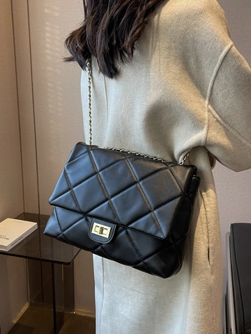 Women Quilted Rhombic Chain Shoulder Bag PU Leather Elegant Commuter Crossbody Bag Gold Metal Lock Flap Square Bag
