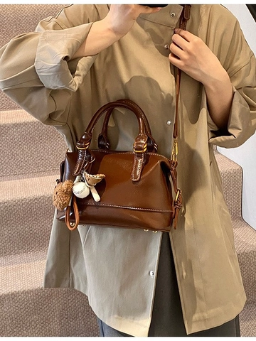 Women Retro PU Leather Boston Pillow Bag High Gloss Large Capacity Shoulder Crossbody Bag With Teddy Bear Baseball Charms
