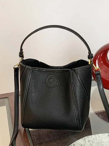 Women Lychee Pattern PU Leather Bucket Bag Large Capacity Handbag With Detachable Strap Daily Crossbody Shoulder Bag