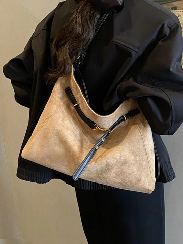 Vintage PU Suede Look Large Capacity Tote Backpack For Women Contrast Color Strap Travel Daily Commute Shoulder Bag Handbag