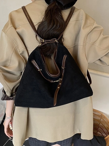 Vintage PU Suede Look Large Capacity Tote Backpack For Women Contrast Color Strap Travel Daily Commute Shoulder Bag Handbag