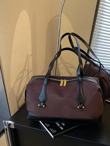 Bolso Boston Retro en Bloques de Color para Mujer Gran Capacidad PU Textura Ante Bolso de Hombro Patchwork Moderno Bolso de Mano