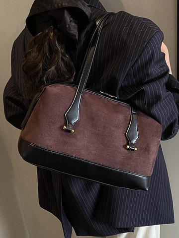 Bolso Boston Retro en Bloques de Color para Mujer Gran Capacidad PU Textura Ante Bolso de Hombro Patchwork Moderno Bolso de Mano