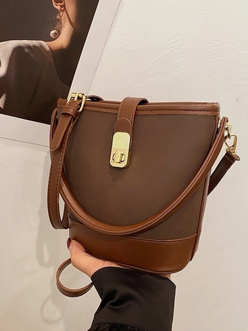 Vintage Damen PU Leder Eimertasche Retro Handheld Umhängetasche Mit Metallschloss Büro Täglich Pendeln Tasche
