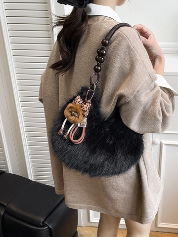 Women Faux Fur Plush Hobo Bag Soft Shaggy Underarm Bag With Wood Bead Strap And Cute Monster Pendant Casual Winter Handbag