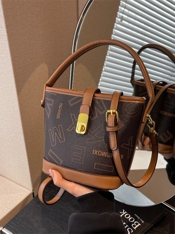 Borsa a Secchiello da Donna Retro con Stampa Alfabeto Borsa a Mano in Pelle PU alla Moda Borsa a Tracolla Casual con Chiusura in Metallo