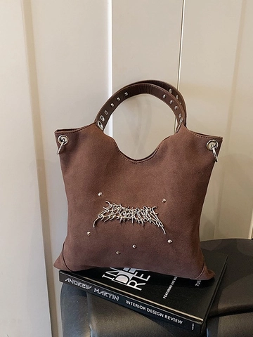 Borsa Tote Punk Vintage con Rivetti da Donna in Pelle PU Satinata Grande Capacità Borsa a Tracolla Gothic Pendolare con Occhielli
