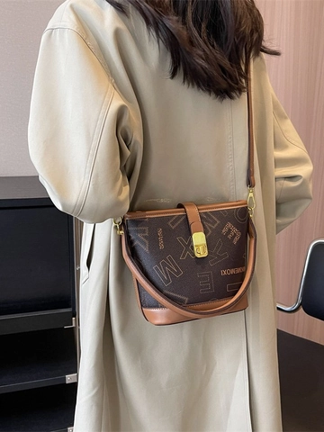 Borsa a Secchiello da Donna Retro con Stampa Alfabeto Borsa a Mano in Pelle PU alla Moda Borsa a Tracolla Casual con Chiusura in Metallo