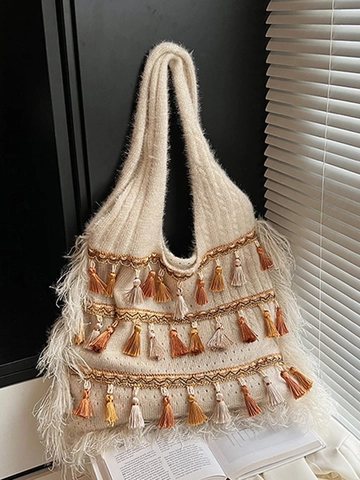 Bohemian Knitted Tassel Tote Bag For Women Ethnic Style Large Capacity Shoulder Bag With Colorful Fringe Faux Feather Bag
