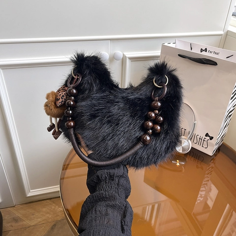 Sac Hobo en Peluche pour Femmes Sac à Épaule en Fausse Fourrure Avec Poignée en Perles de Bois Charme Mignon Grande Capacité Automne Hiver