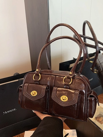 Borsa a Cuscino Boston in Pelle PU Retro da Donna Cuciture a Contrasto Borsa Sottobraccio Grande Capacità Borsa a Tracolla Multitasche