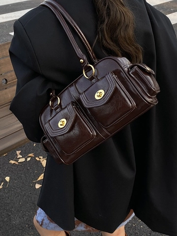 Borsa a Cuscino Boston in Pelle PU Retro da Donna Cuciture a Contrasto Borsa Sottobraccio Grande Capacità Borsa a Tracolla Multitasche