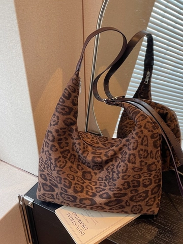 Borsa Hobo Donna Retro Stampa Leopardata Grande Capacità Moda Finta Pelle Scamosciata Borsa a Spalla con Tracolla Regolabile