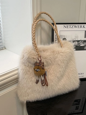 Borsa Tote da Donna in Pelliccia Sintetica Grande Capacità Invernale Peluche Borsa a Spalla Con Manico Intrecciato Ciondolo
