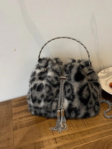 Damen Kunstpelz Leopardenmuster Beuteltasche Mit Metallkette Umhängetasche Plüsch Kordelzug Tasche Mit Quasten Schmuck Detail