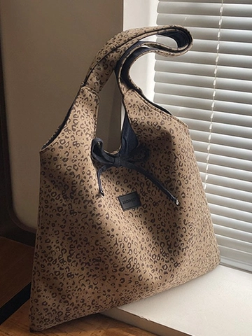 Borsa Tote Grande da Donna in Scamosciato con Stampa Leopardata Reversibile Stile Lazy Borsa a Spalla con Fiocco Casual Moda