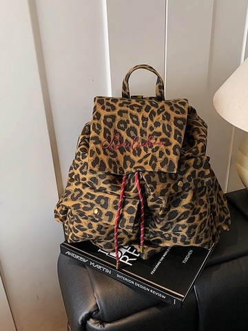 Leopardenmuster Leinwand Rucksack Für Damen Mode Große Kapazität Reisetasche Kordelzug Bestickt College Schultasche Lässig Top