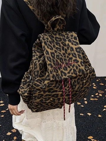Leopardenmuster Leinwand Rucksack Für Damen Mode Große Kapazität Reisetasche Kordelzug Bestickt College Schultasche Lässig Top