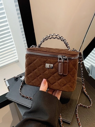 Vintage Quilted Velvet Vanity Case Crossbody Bag For Women Diamond Pattern Chain Strap Small Square Box Bag Elegant Evening Handbag