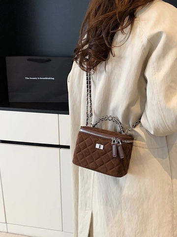 Vintage Quilted Velvet Vanity Case Crossbody Bag For Women Diamond Pattern Chain Strap Small Square Box Bag Elegant Evening Handbag