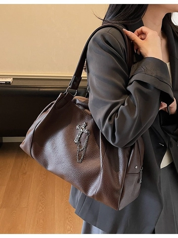 Borsa Tote con Croce Gotica Retrò per Donna in Pelle PU con Motivo Litchi Borsa a Tracolla di Grande Capacità con Catena