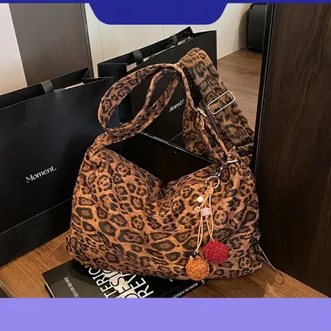 Women Retro Suede Leopard Print Tote Bag Large Capacity Hobo Shoulder Bag With Pom Pom Charm Autumn Versatile Underarm Bag