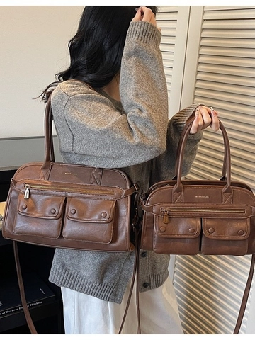 Vintage PU Lederen Schoudertas met Meerdere Zakken voor Dames Grote Capaciteit Tote Tas Casual Handtas
